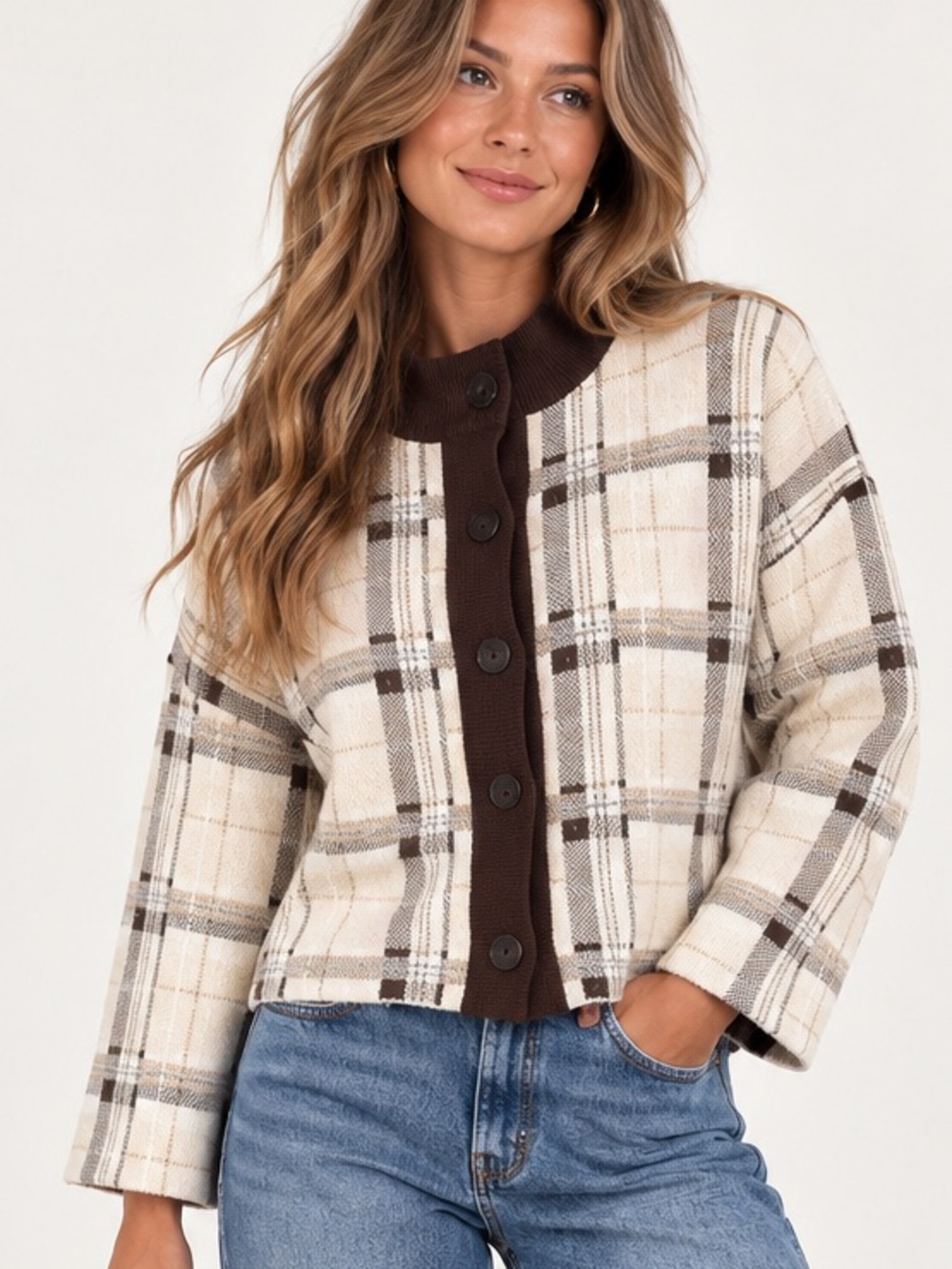 128.New Plaid Button-Front Jacket in Cream & Brown